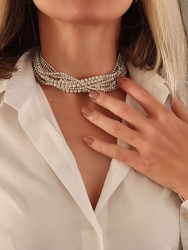 Gümüş Kaplama Taşlı Çoklu Görünümlü Choker Tasma Kolye - 1363