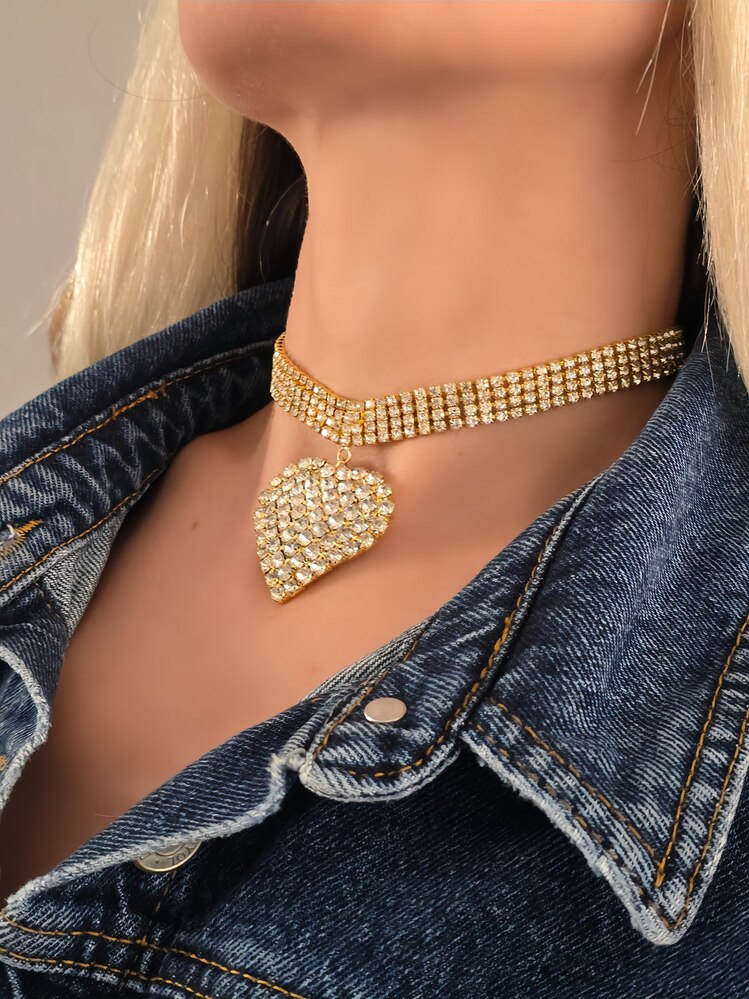 Sallantılı Kalp Model Rhinestone Choker Tasma Model Gold Renk Kolye - 1391