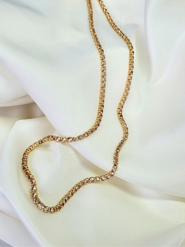 Zirkon Taşlı Su Yolu Rhinestone Uzun 72cm Gold Renk Kolye - 1098