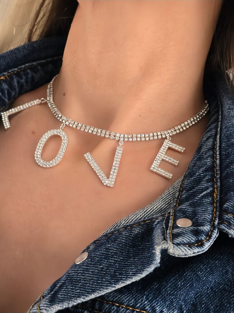 Love Aşk Kristal Taşlı Party Style Gümüş Renk Kolyee - 1386