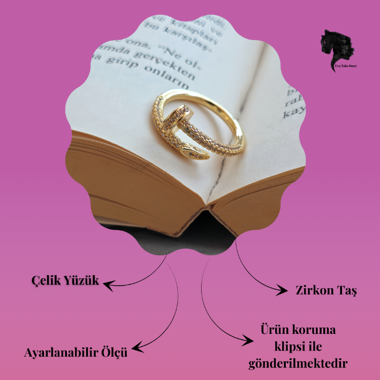 Ayarlanabilir Çivi Model Zirkon Taşlı Gold Renk Çelik Yüzük - 1758