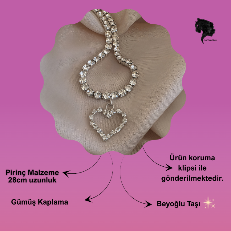 Tek Sıralı Kalp Figürlü Kristal Taşlı Choker Tasma Silver Renk Kolye - 1789