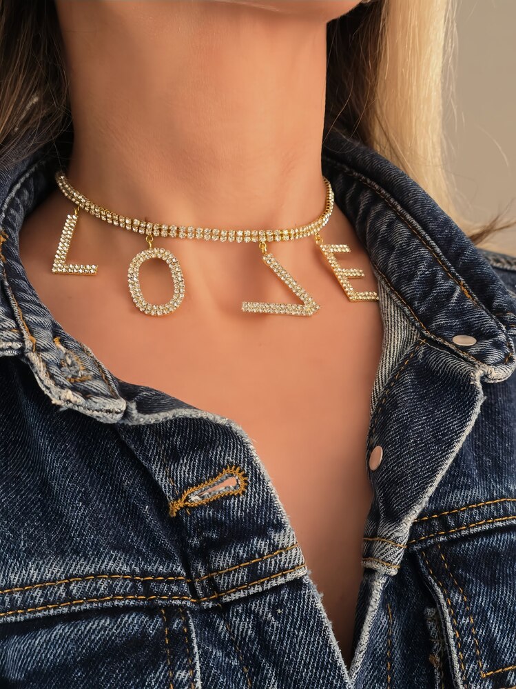 Love Aşk Kristal Taşlı Party Style Altın Kaplama Gold Renk Kolye- 1387