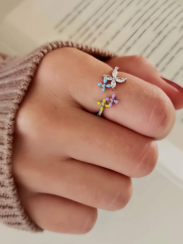 Çiçek Model Taşlı Mineli Gümüş Silver Renk Eklem Yüzük - 1306