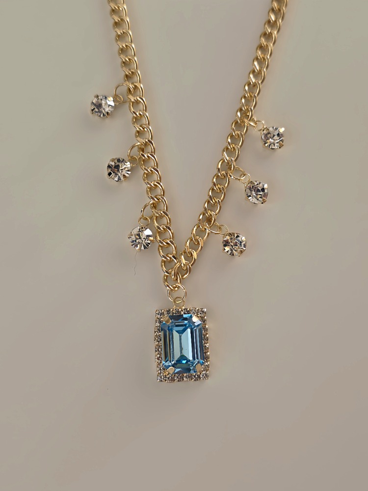 Baget Model Zirkon Taşlı Gold Turkuaz Renkli Çelik Kolye - 1860