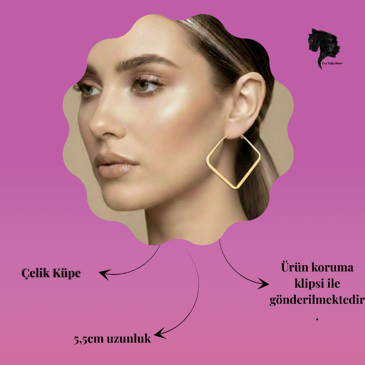 Kare Model Halka Gold Renk Çelik Küpe 5,5cm- 1775