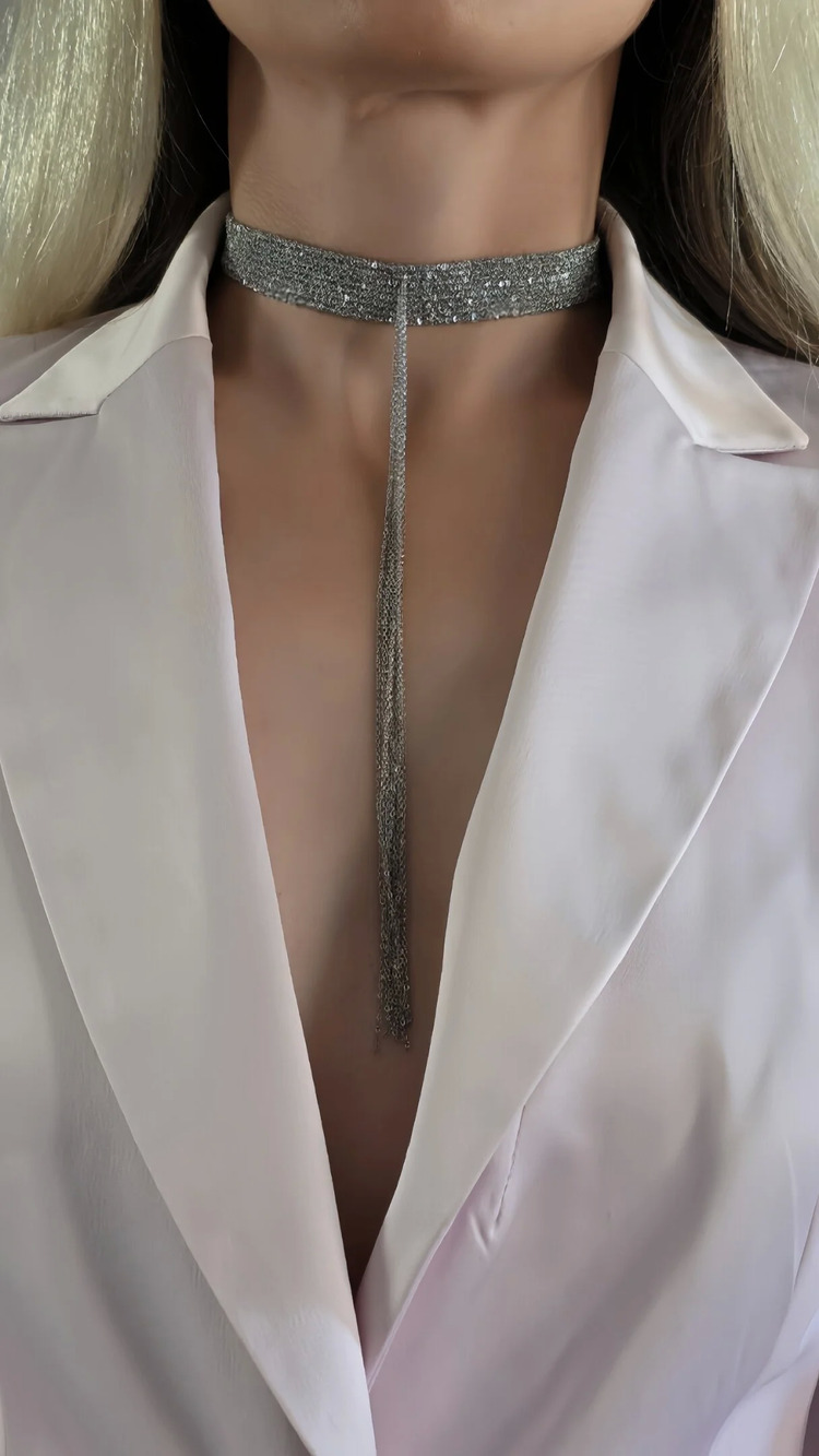 8 Sıralı Zincir Dokuma Sallantılı Vücut Tasma Choker Silver Renk El Yapımı Kolye - 1707