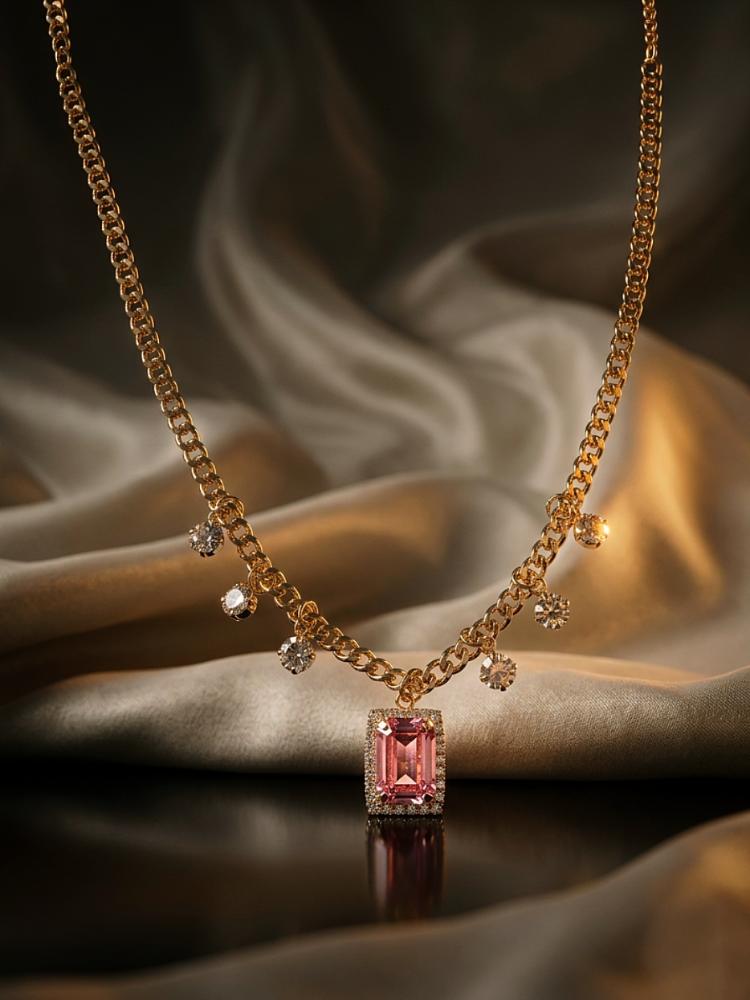 Baget Model Zirkon Taşlı Gold Pembe Renkli Çelik Kolye - 1859