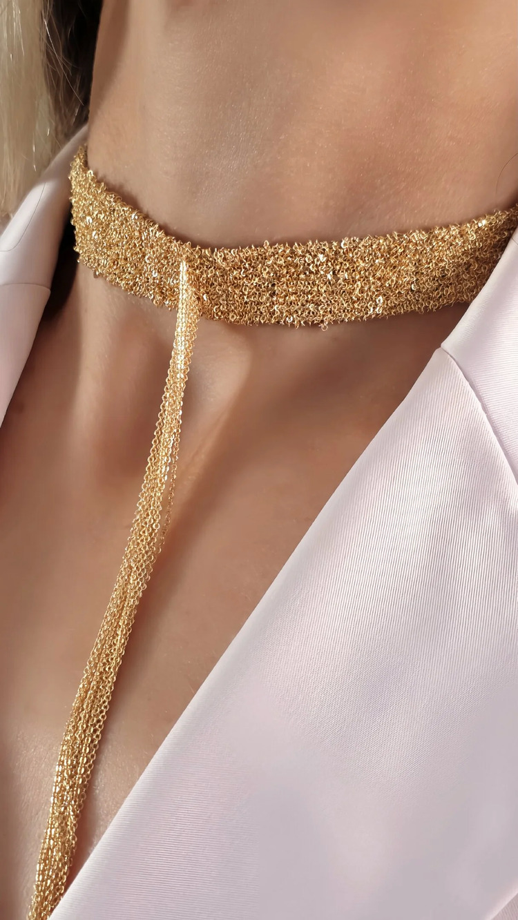 8 Sıralı Zincir Dokuma Sallantılı Vücut Tasma Choker Gold Renk El Yapımı Kolye- 1708