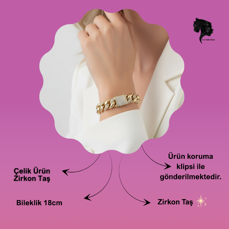 Küba Zinciri 14K Vip Seri Cuban Lınk Hip Hop Rhinestone Çelik Bileklik - 1794