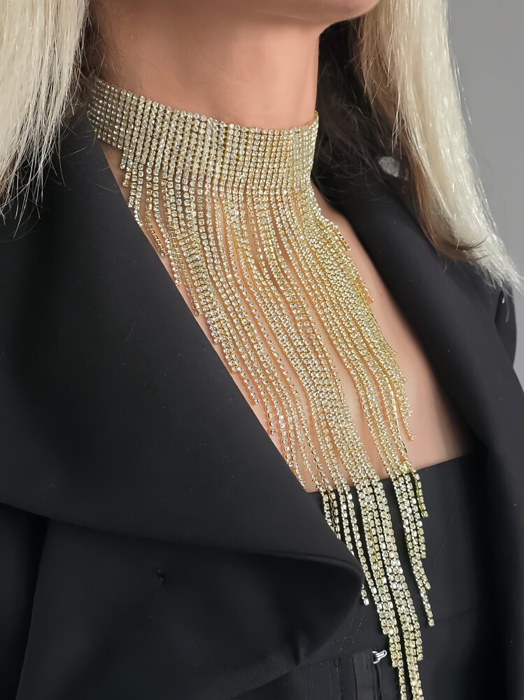 Kristal Taşlı Saçaklı Püskül Model Silver Renk Abiye Choker Tasma Kolye - 1401