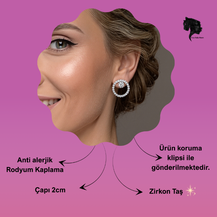 Halo Zirkon Taşlı Antialerjik VİP Halka Silver Renk Küpe Antialerjik  - 1812