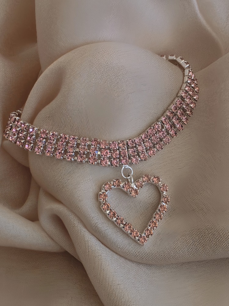 Üç Sıralı Kalp Figürlü Kristal Taşlı Choker Tasma Pembe Renk Kolye - 1791