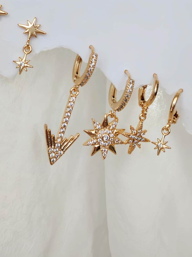 6'lı Ok Yıldız Kutup Yıldızı Altın Kaplama Gold Küpe Seti - 1526