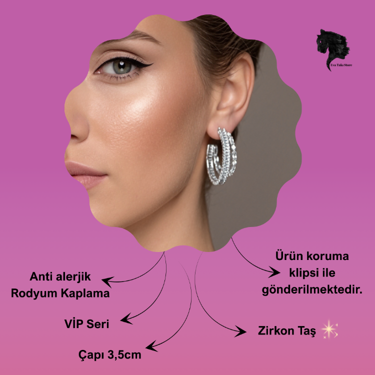 İkili Yarım Halka Model Zirkon Taşlı Antialerjik VİP Halka Silver Renk Küpe Antialerjik - 1816