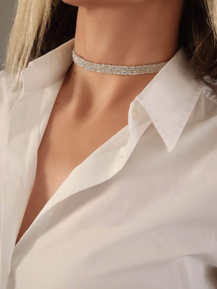 Kordon Zincir Örme El Yapımı Chooker Tasma Silver Renk Kolye - 1364