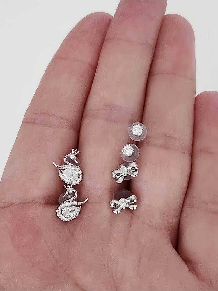 6'lı Kuğu Fiyonk Model Minima Gümüş Silver Renkli Küpe Seti- 1551