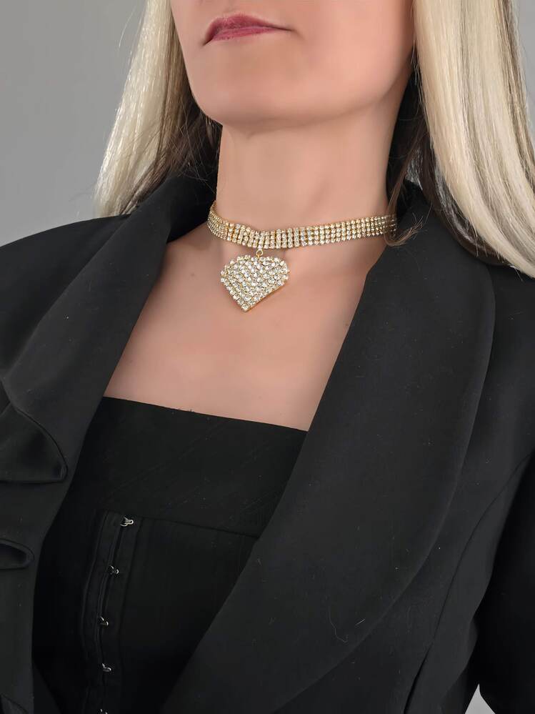 Sallantılı Kalp Model Rhinestone Choker Tasma Model Gold Renk Kolye - 1391