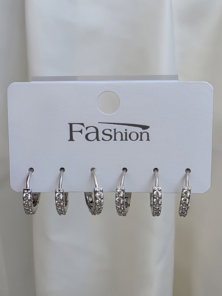 6'lı Zirkon Taşlı Gümüş Silver Renk Küpe Seti 1cm - 1808