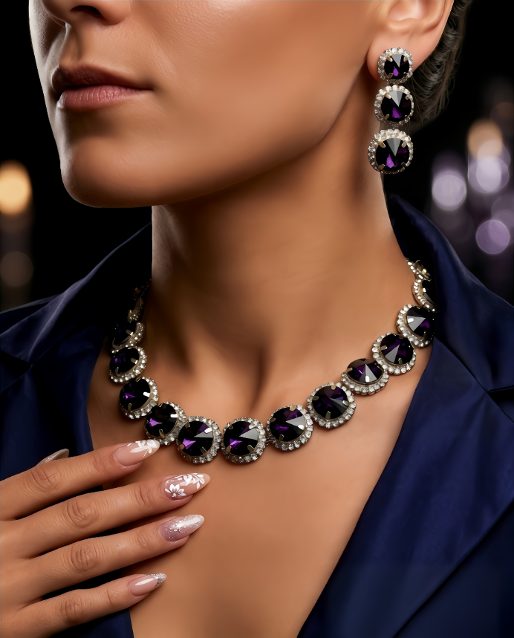 Riviere Kristal Taşlı Çiçek Model Mor Renkli Kolye Küpe Set- 1863