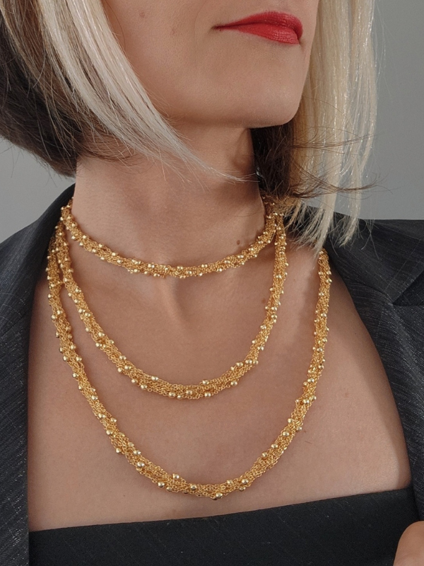 Top Zincir Modüler Örme Çelik Zincir Uzun Konsept Altın Kaplama Gold Renk Kolye - 1078