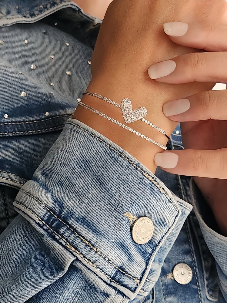Kalp İki Sıralı Model Silver Renk Çelik Ayarlanabilir Bileklik Kelepçe - 1691
