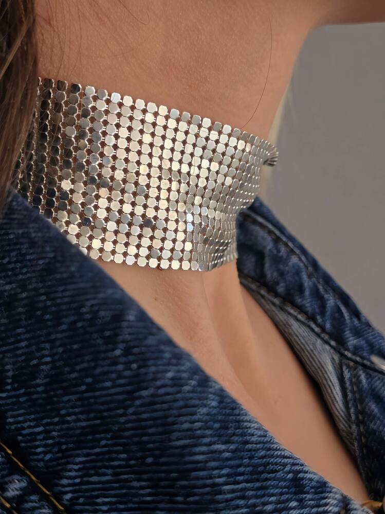 Arpa Pul Payet Zırh Metal Geniş Model Gümüş Choker Kolye - 1393