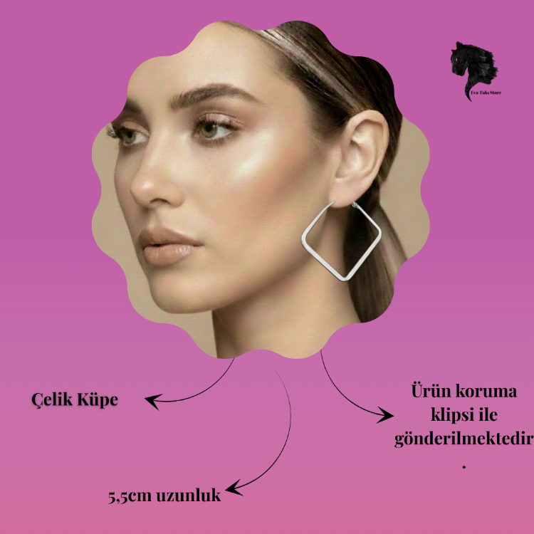 Kare Model Halka Silver Renk Çelik Küpe 5,5cm - 1774