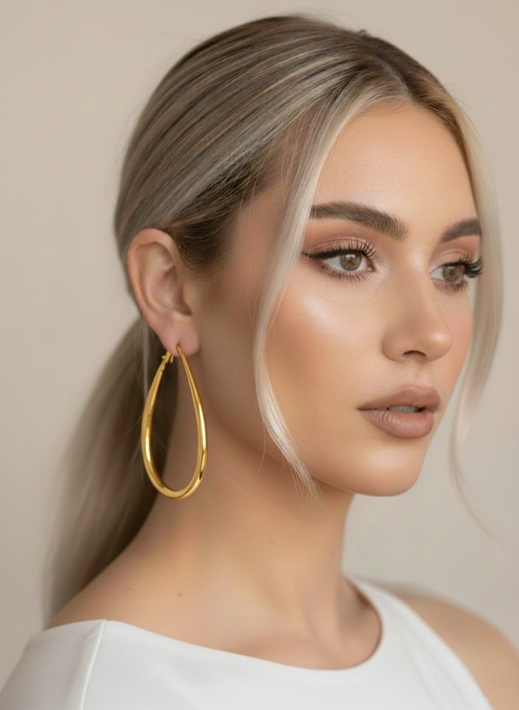 Damla Model Halka Gold Renk Çelik Küpe 6cm- 1773