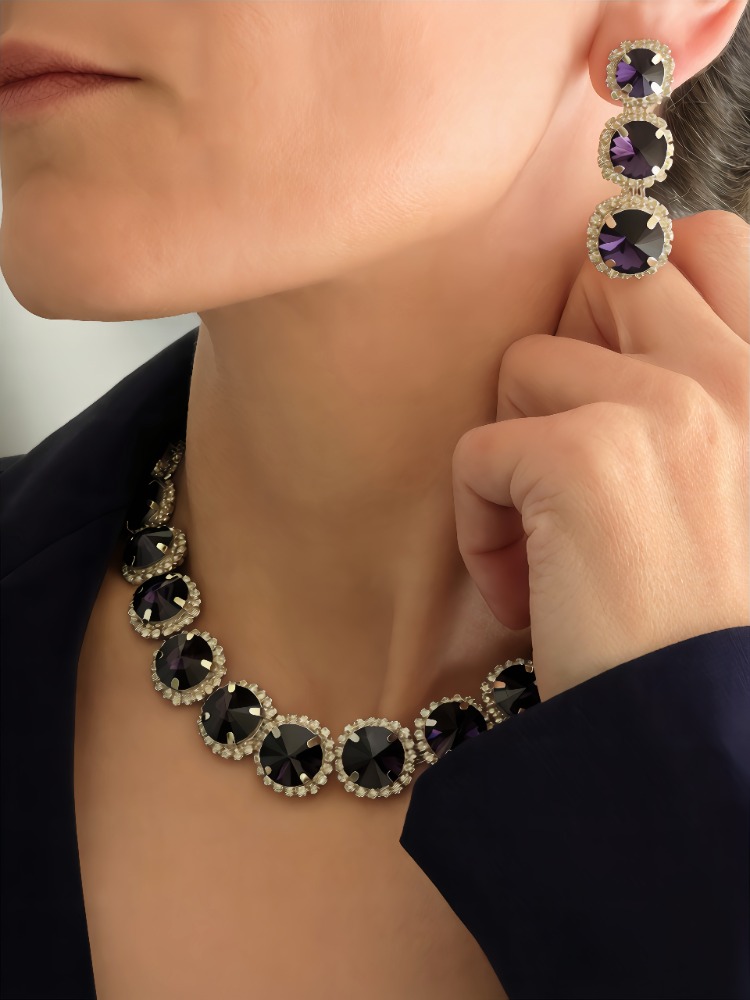 Riviere Kristal Taşlı Çiçek Model Mor Renkli Kolye Küpe Set- 1863
