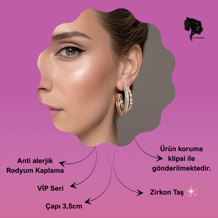 İkili Yarım Halka Model Zirkon Taşlı Antialerjik VİP Halka Gold Renk Küpe Antialerjik - 1817