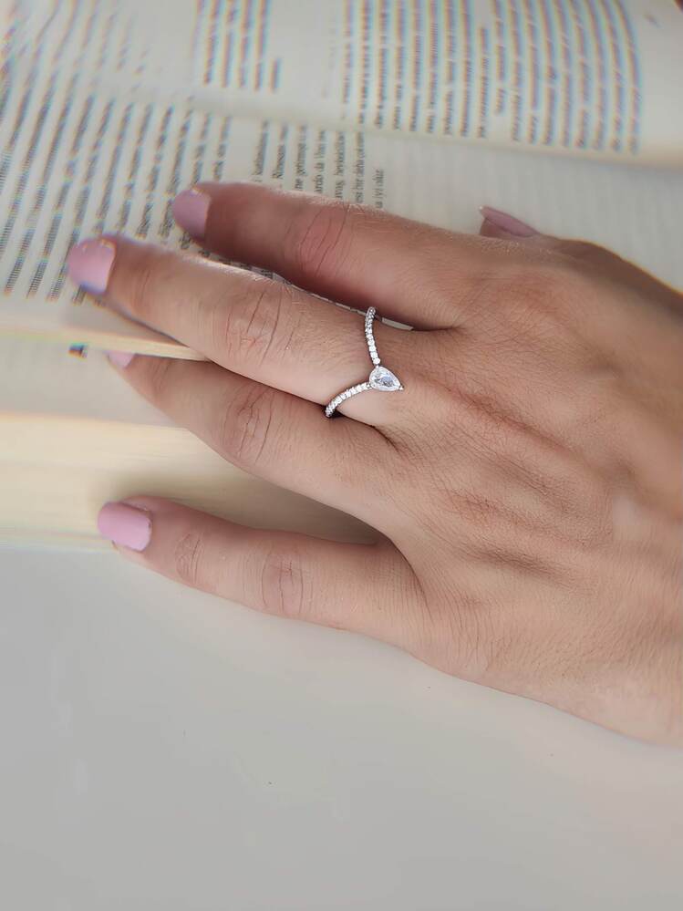 V Model Damla Zirkon Taşlı Ayarlanabilir Silver Gümüş Renkli Yüzük - 1648