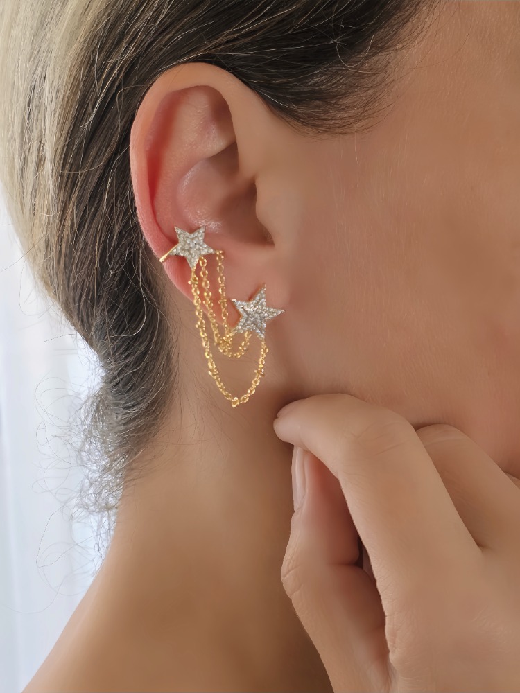 Yıldız Model Zirkon Taşlı Ear Cuff Kıkırdak Küpesi- 1839