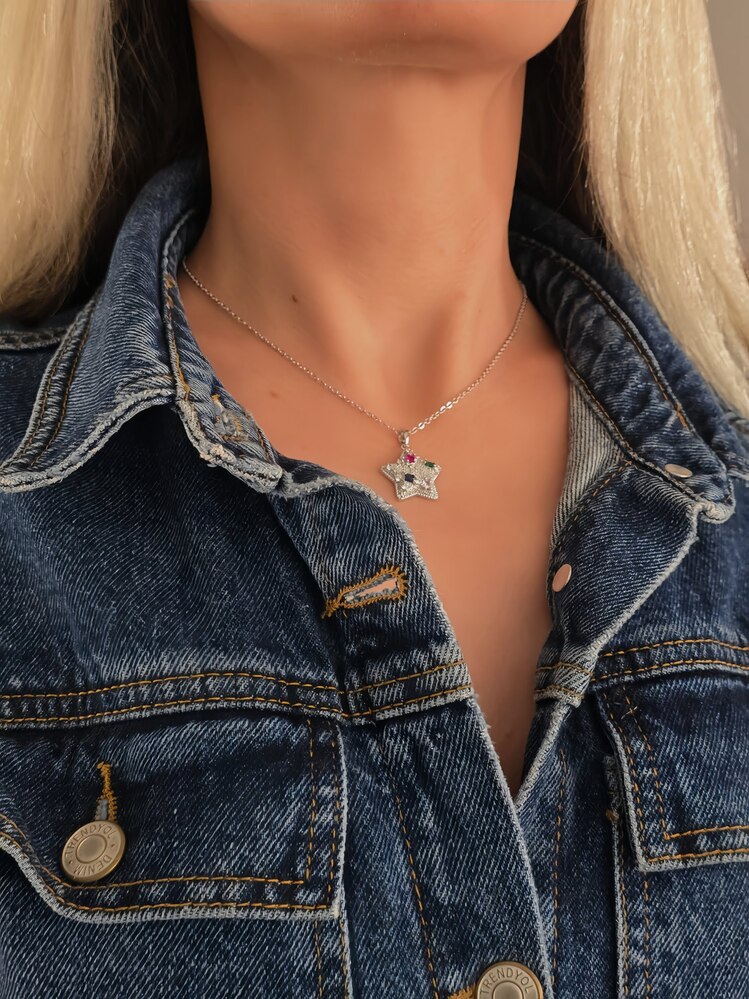 Yıldız Model Renkli Zirkon Taşlı Silver Renk Kolye- 1419
