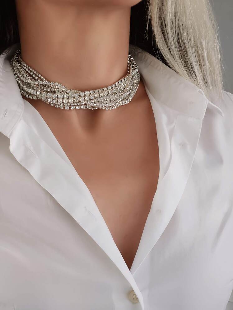 Gümüş Kaplama Taşlı Çoklu Görünümlü Choker Tasma Kolye - 1363