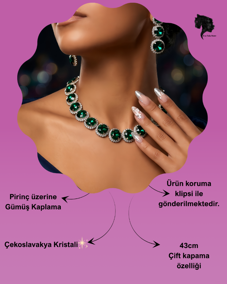 Riviere Kristal Taşlı Çiçek Model Yeşil Renkli Kolye Küpe Set - 1865