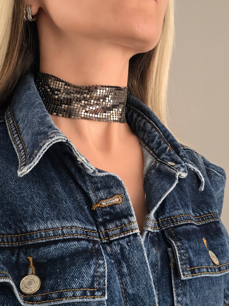 Arpa Pul Payet Zırh Metal Geniş Model Antrasit Choker Kolye - 1392