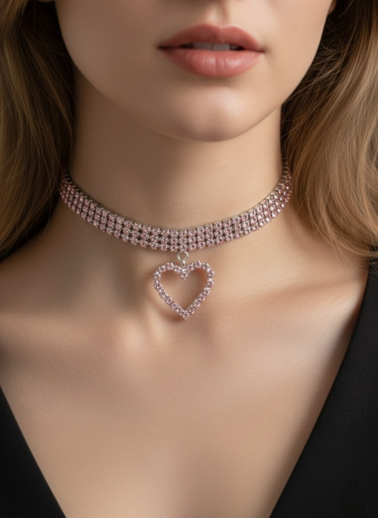 Üç Sıralı Kalp Figürlü Kristal Taşlı Choker Tasma Pembe Renk Kolye - 1791