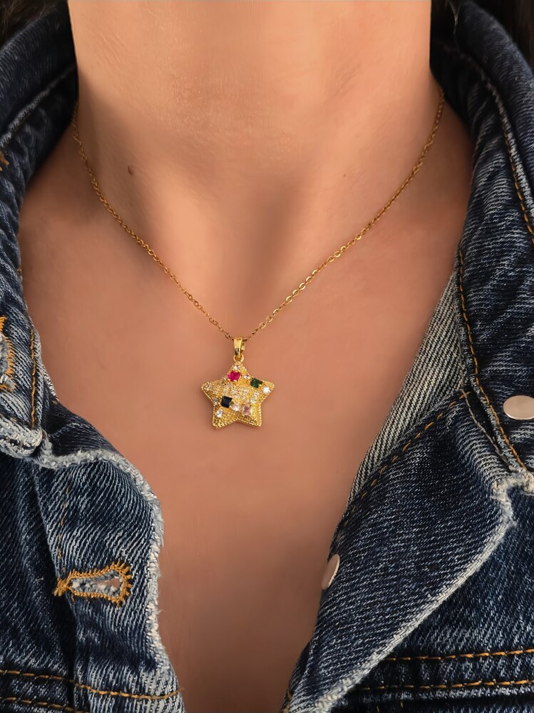 Yıldız Model Renkli Zirkon Taşlı Gold Renk Kolye - 1420