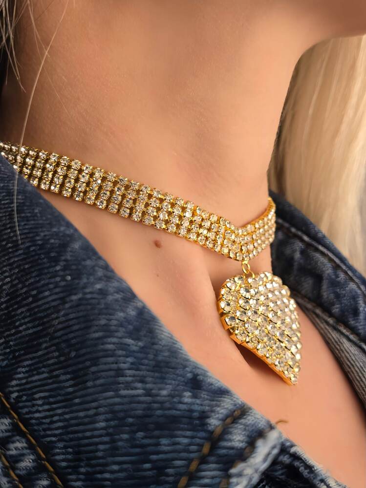Sallantılı Kalp Model Rhinestone Choker Tasma Model Gold Renk Kolye - 1391