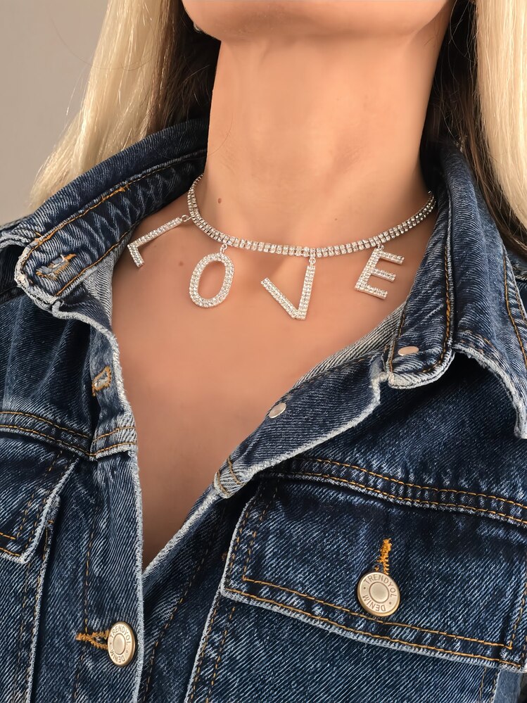 Love Aşk Kristal Taşlı Party Style Gümüş Renk Kolyee - 1386