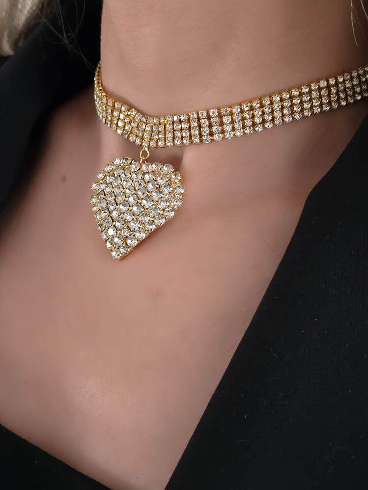 Sallantılı Kalp Model Rhinestone Choker Tasma Model Gold Renk Kolye - 1391