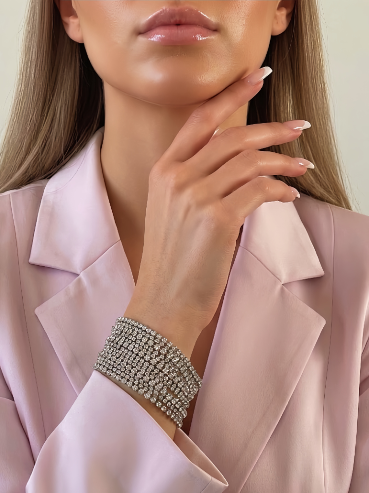 Çoklu Döküm Su Yolu Rhinestone Gümüş Renk Kristal Bileklik  - 1827