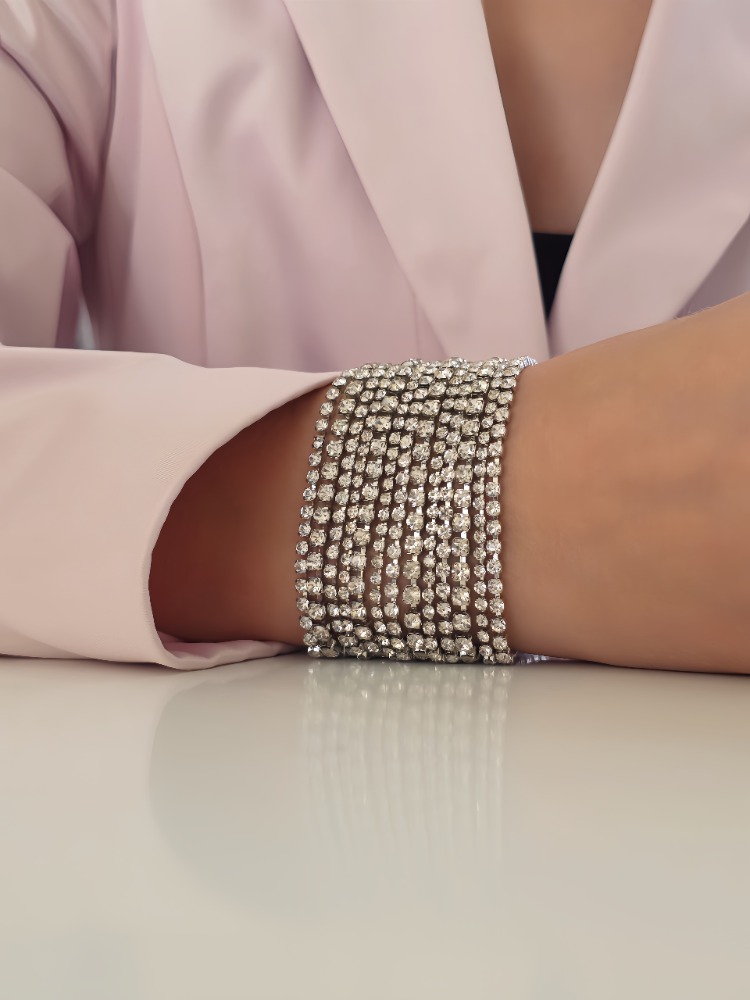 Çoklu Döküm Su Yolu Rhinestone Gümüş Renk Kristal Bileklik  - 1827