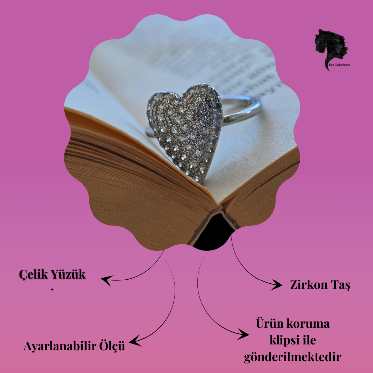 Ayarlanabilir Kalp Model Zirkon Taşlı Silver Renk Çelik Yüzük - 1755