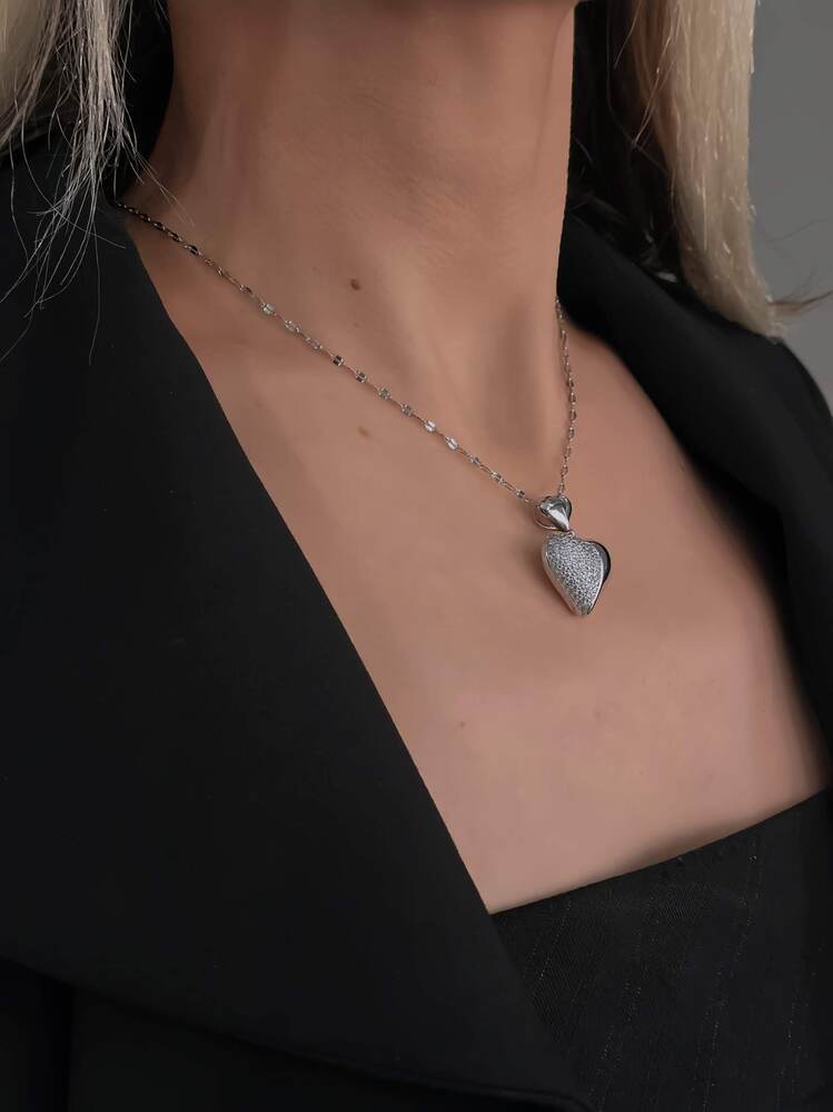 Bombeli Kalp Zirkon Taşlı Silver Renk Kolye- 1415