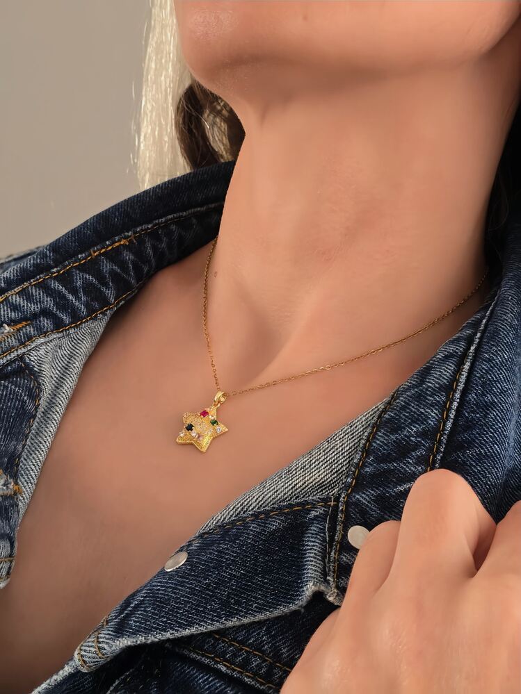 Yıldız Model Renkli Zirkon Taşlı Gold Renk Kolye - 1420