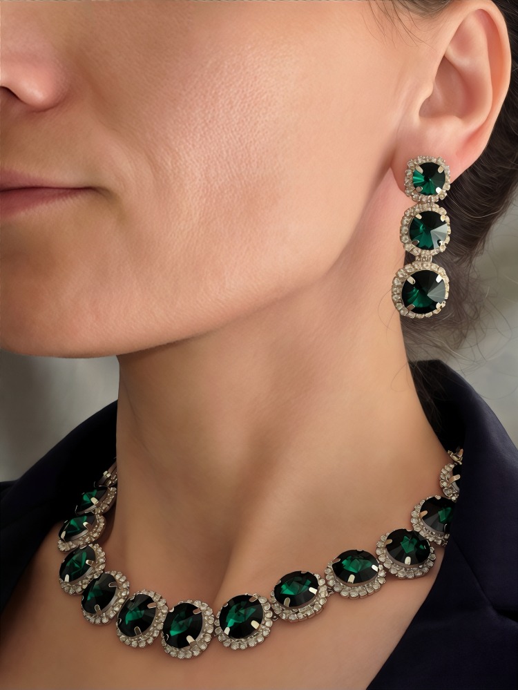 Riviere Kristal Taşlı Çiçek Model Yeşil Renkli Kolye Küpe Set - 1865