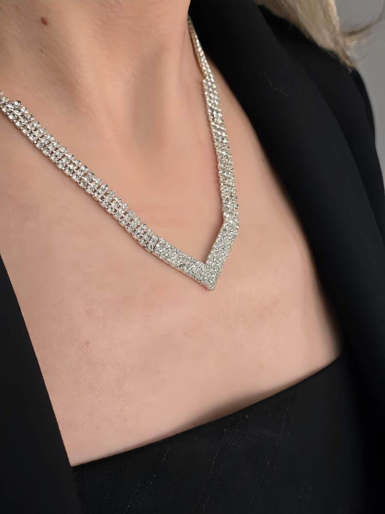 Kristal Taşlı Su Yolu Model Yılbaşı - Abiye - Düğün -Event Kolye Küpe Set- 1440