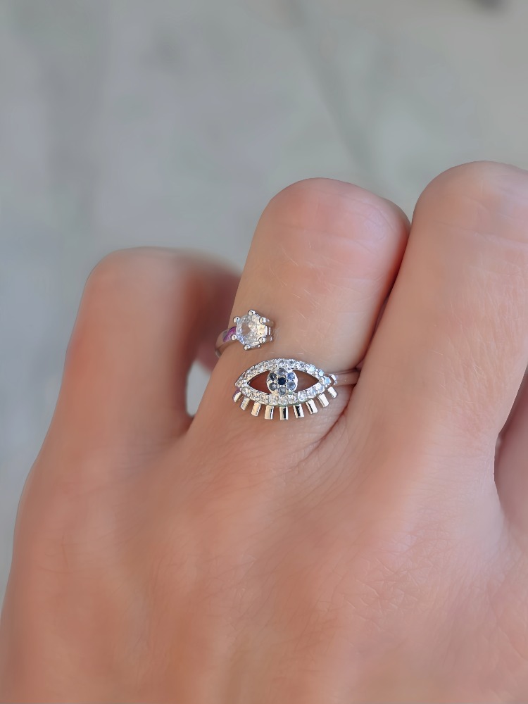 Ayarlanabilir Nazar Model Zirkon Taşlı Silver Renk Çelik Yüzük- 1765